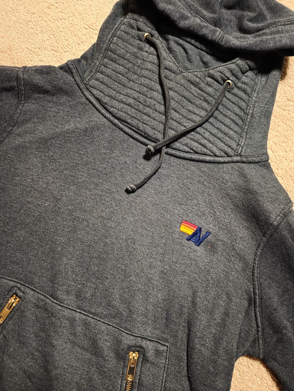 Aviator Nation Ninja Pullover Hoodie Funnel Neck Zip Pockets-Charcoal Gray XS